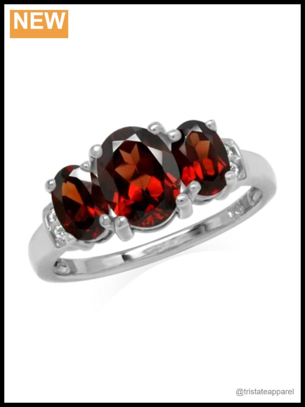 3-Stone Oval Garnet White Topaz White Gold Plated 925 Sterling Silver Ring